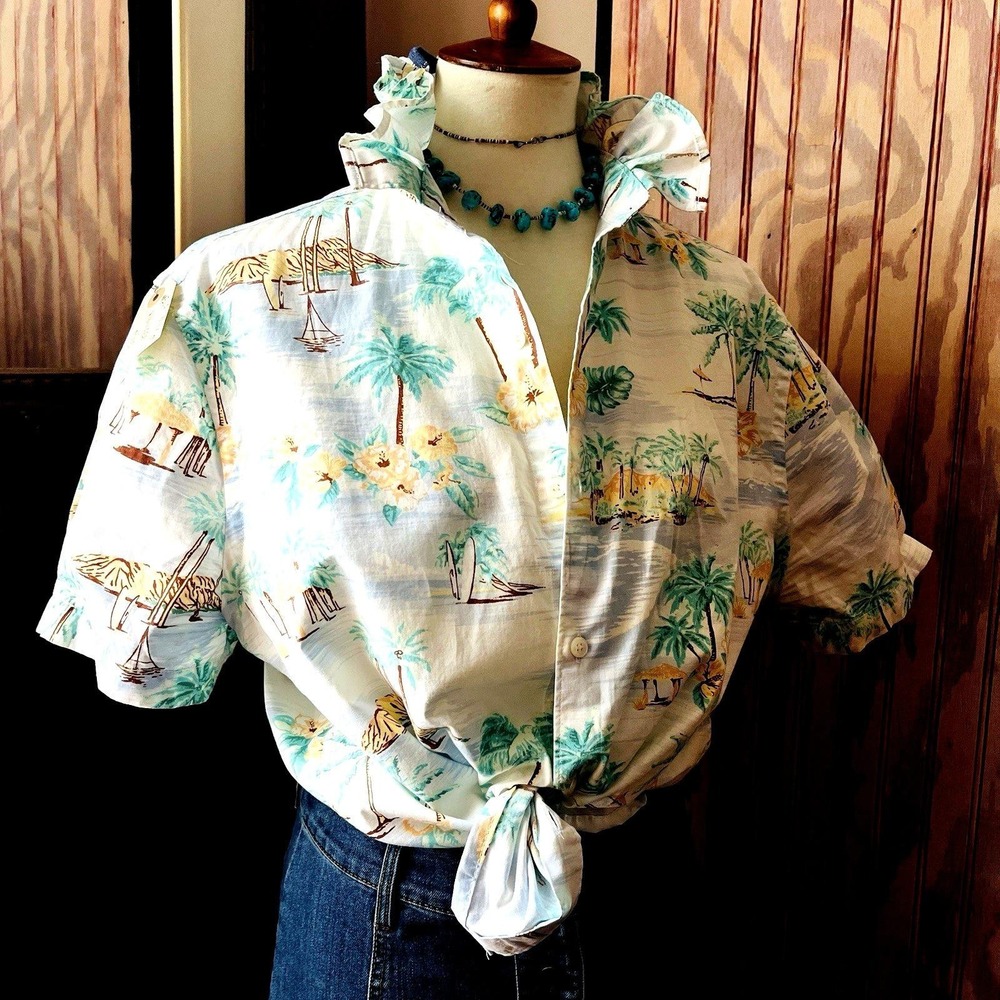 Upcycled Re-worked Kitschy Hawaiian Floral Blue & Mint Ruffle Collar Shirt L